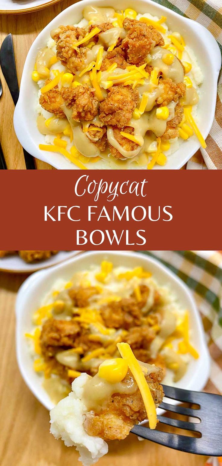 two plates with different types of food on them and the words copycat kfc famous bowls