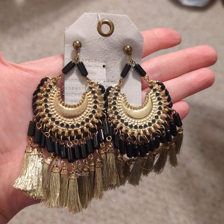 Nwt Anthropologie Gold And Black Boho Earrings Leather Tag Pull Is Cut, But Earrings Are New. Black Tassel Earrings With Ear Wire As A Gift, Black Dangle Jewelry For Festivals, Black Dangle Jewelry For Festival, Black Metal Bohemian Chandelier Earrings, Black Dangle Tassel Earrings For Festival, Black Tassel Earrings For Party, Black Dangle Hoop Earrings For Festivals, Black Tassel Earrings For Festival, Black Bohemian Earrings With Ear Wire