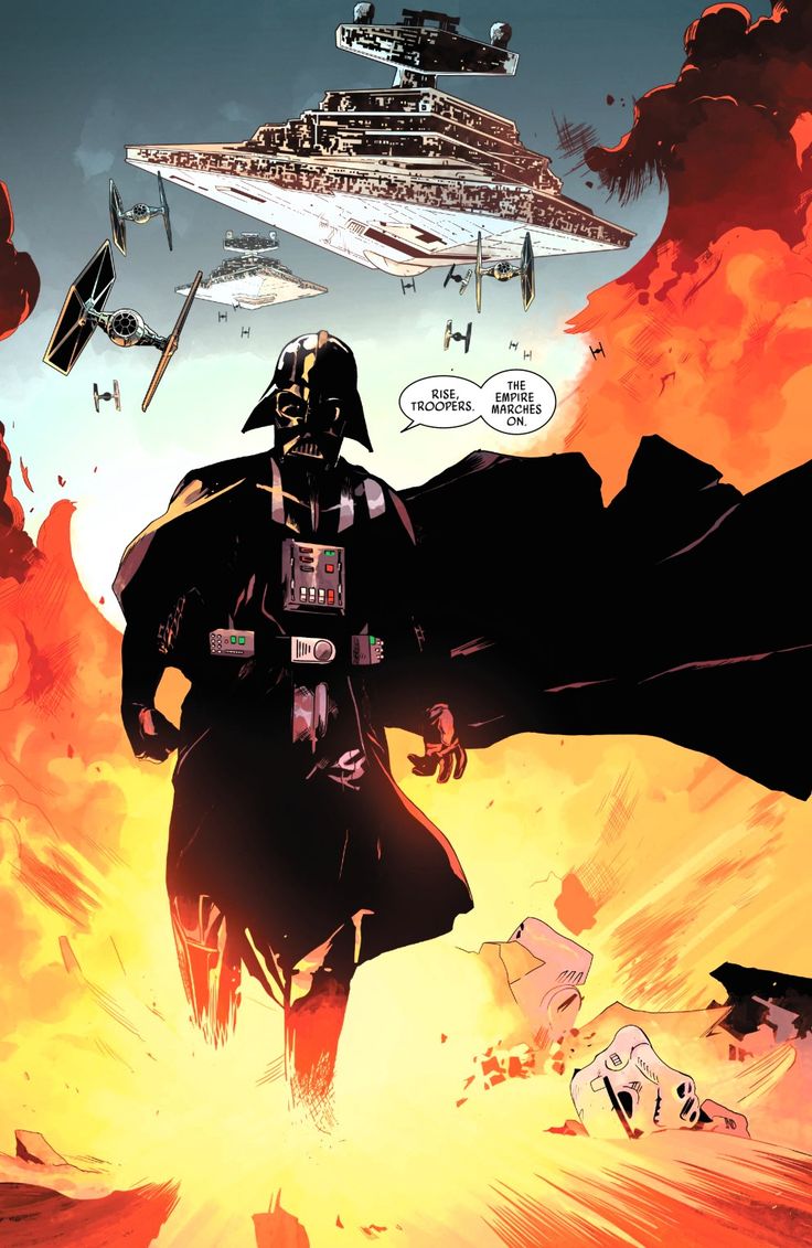 darth vader in front of a star wars scene with other ships flying overhead