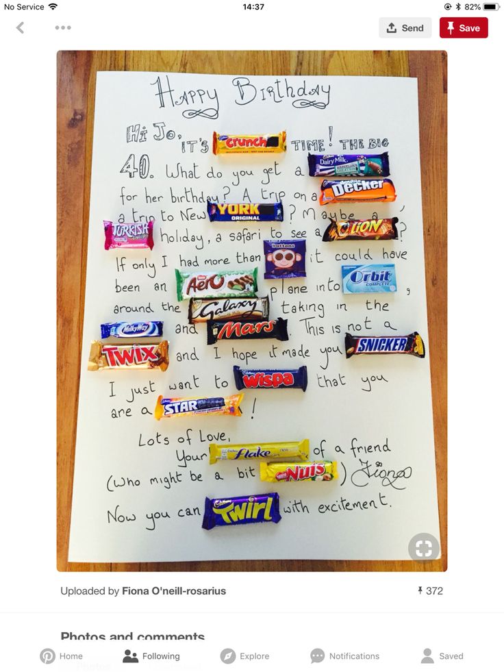 a handwritten birthday card with candy bars on it