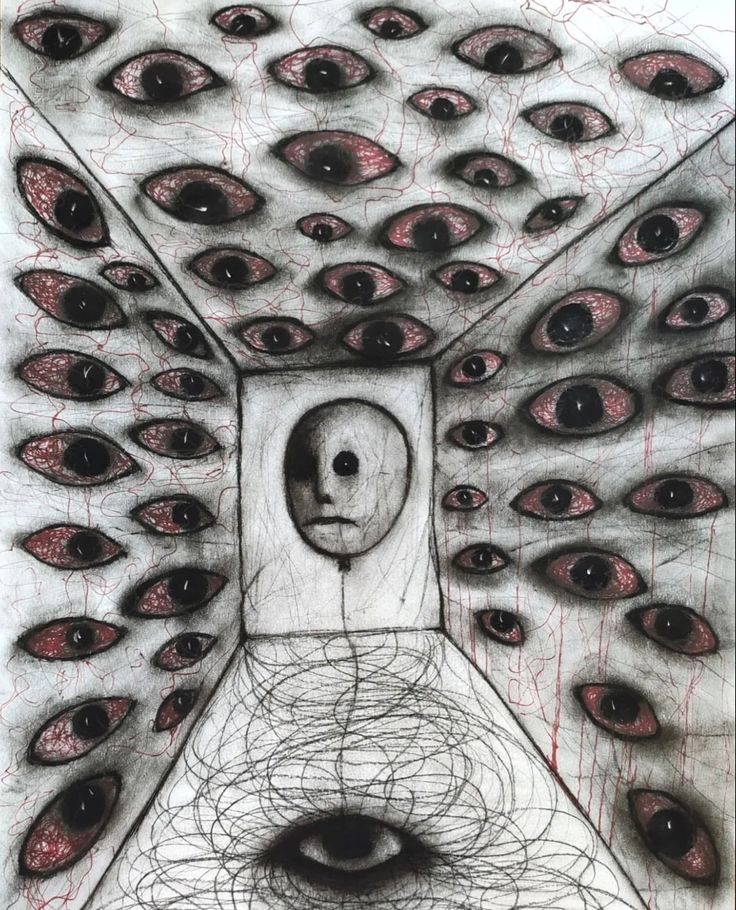 an artistic drawing with many different colored eyes