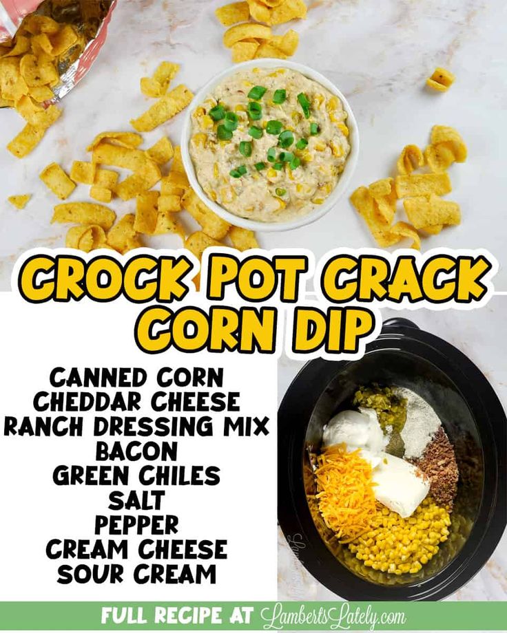 Crock Pot crack corn dip is a mouthwatering appetizer recipe made with corn, ranch, cheddar, bacon, and cream cheese. The perfect game day or party dip that everyone loves! Game Day Crock Pot Dips, Crock Pot Cheese Dip Recipes, Appetizers For Party Crockpot, Crock Pot Street Corn Dip, Hot Corn Dip Crockpot, Dips Crockpot, Corn Dip With Cream Cheese Crock Pot, Warm Corn Dip Crock Pot, Street Corn Dip Crock Pot