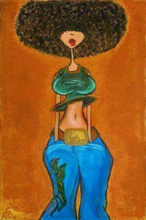 a painting of a woman with an afro in blue pants and a green top on