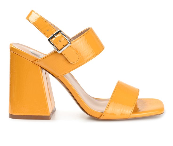 Instantly add a glam finish to any look with the Adras by Journee Collection. This block-heeled strappy sandal features patent vegan leather uppers and an open square toe for a retro look. A padded footbed completes the design for extra comfort. Patent Vegan Leather upper, Double band design, Ankle strap / Adjustable buckle closure, Open / Square toe,4 inch block heel, Padded insole for added comfort, Man-made synthetic outsole | Women's Journee Collection Adras Dress Sandals in Orange Size 9 Me Patent Leather Sandals With Padded Block Heel, Spring Patent Leather Sandals With Buckle Closure, Spring Patent Leather Ankle Strap Heels, Spring Patent Leather Heels With Ankle Strap, Trendy Patent Leather Sandals With Block Heel, Summer Patent Leather Heels With Padded Heel, Chic Ankle Strap Sandals With Glossy Finish, Patent Leather Sandals With Heel Strap And Block Heel, Chic Patent Leather Block Heel Sandals