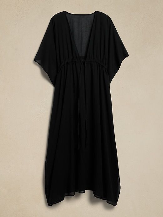 Kaftan Swim Coverup | Banana Republic Factory Casual V-neck Beach Poncho, Spring Vacation V-neck Poncho, Casual Poncho For Beach Season Vacation, Oversized Black Summer Poncho, Oversized Poncho With Batwing Sleeve For Vacation, Oversized Black Cover-up For Vacation, Casual Kaftan With Batwing Sleeve For Vacation, Black Poncho For Vacation, Casual Batwing Sleeve Kaftan For Vacation