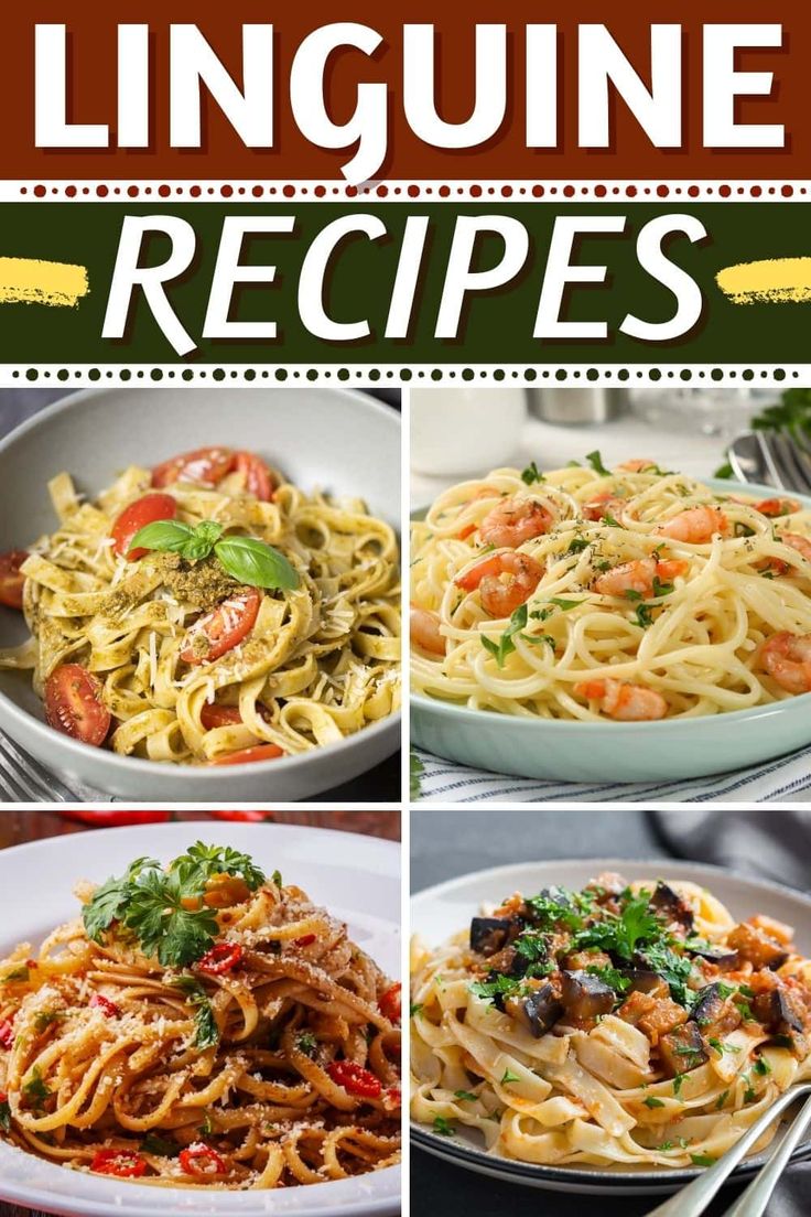 the recipe for linguine is shown in four different pictures, including pasta and shrimp