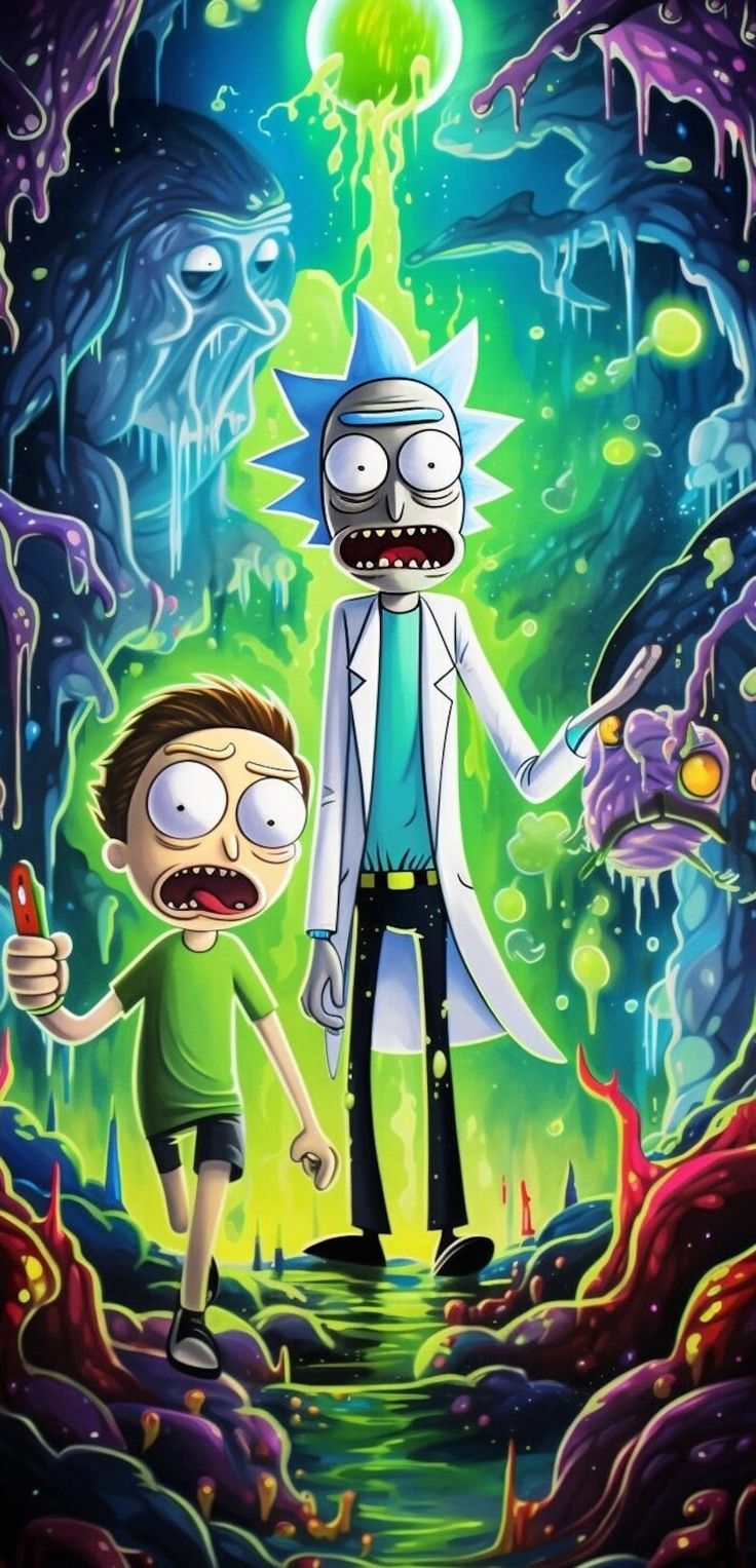 rick and mort from the simpsons movie, with an alien like creature in the background