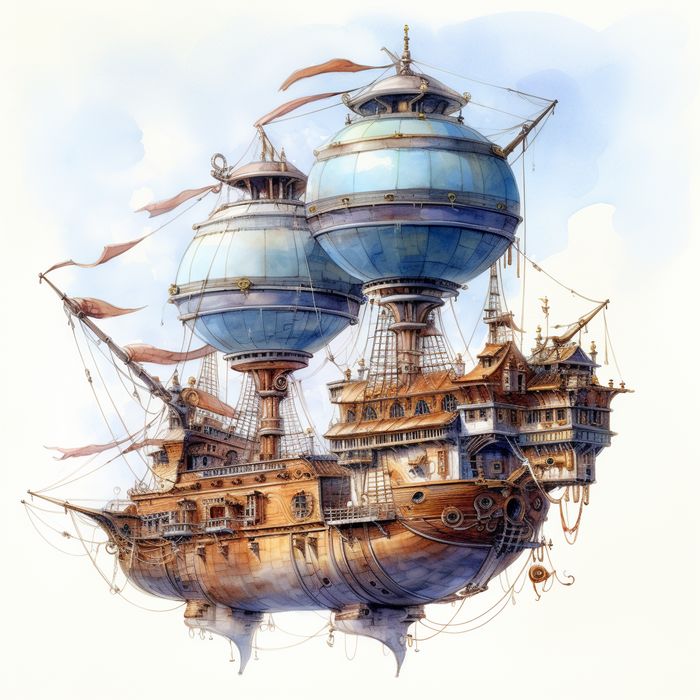 an artistic painting of a ship floating in the air with two smaller ships on top