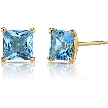 Princess Cut Stud Earrings, Princess Cut Gold, Blue Topaz Earrings, Topaz Earrings, Swiss Blue Topaz, Yellow Gold Earring, Topaz Gemstone, Earrings Collection, Blue Earrings