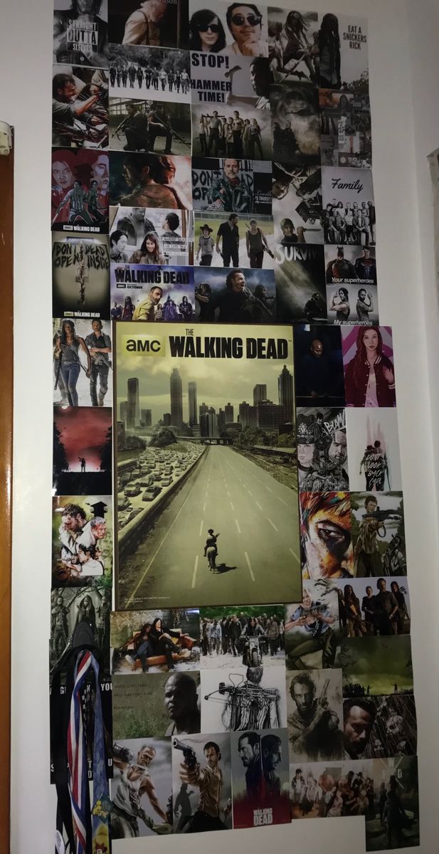 a wall covered in posters and pictures with the walking dead written on it's side