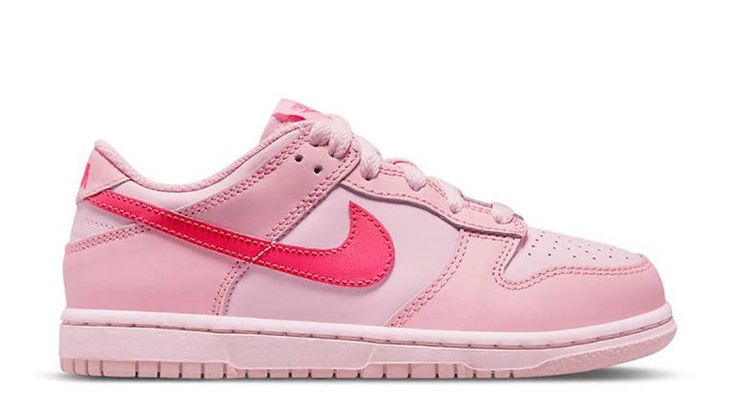 Nike Dunk Low Triple Pink (GS) This smaller-sized Dunk Low has a smooth leather construction showing off three shades of pink. The lightest hue covers the base while the overlays are in a more carnation pink. The darkest shade called Hyper Pink comes in the form of the profile Swooshes on both sides of the shoe as well as the tongue tab logo and the embroidered heel tab logo. A light pink sole unit finishes off the design of the shoe. Pink Airforce, Nike Dunk Low Triple Pink, Embroidered Heels, Pink Basket, Adidas Spezial, Nike Air Max Plus, Air Max Plus, Nike Pink, Dark Shades