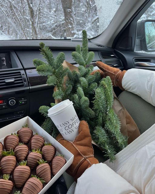 the interior of a car is decorated with christmas trees and chocolate covered strawberries, along with two cups of coffee