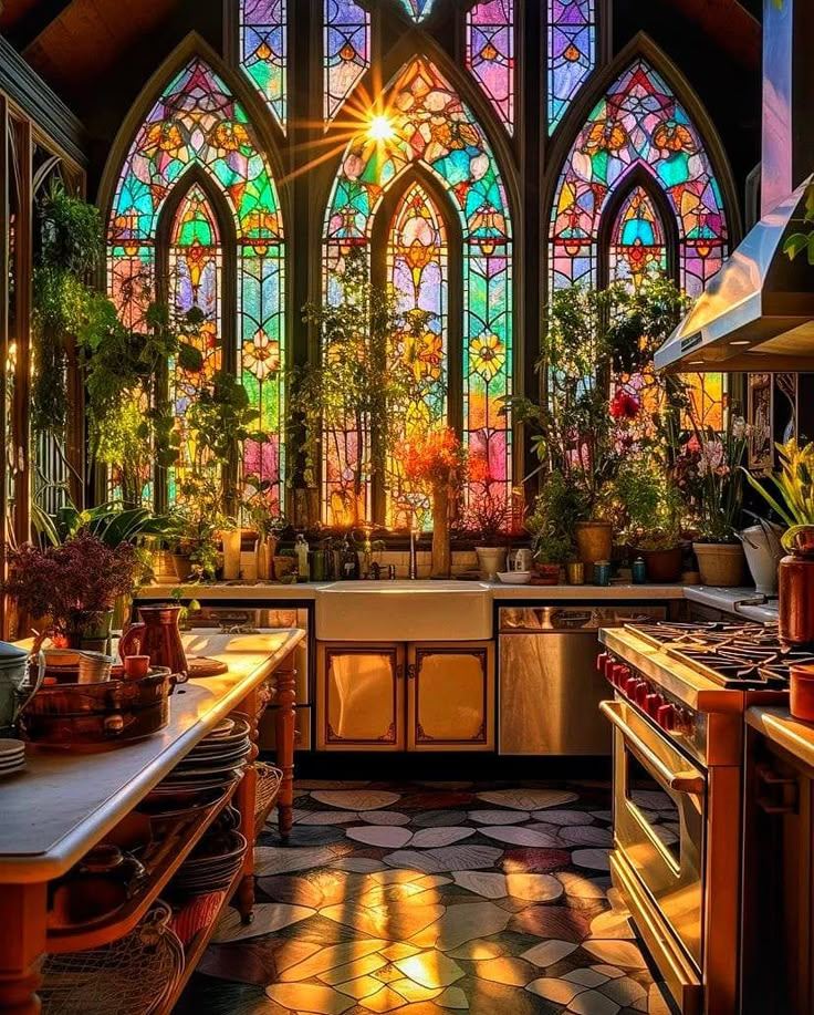 the kitchen is decorated in stained glass and has many potted plants on the counter