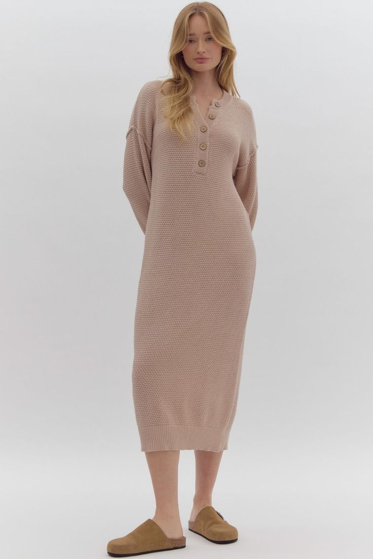 Long sleeve knitted midi dress. Feminine Beige Long Sleeve Midi Dress, Feminine Long Sleeve Beige Midi Dress, Winter Knit Fitted Midi Dress, Beige Knitted Long Sleeve Dress, Textured Knit Long Sleeve Sweater Dress, Chic Knee-length Knitted Midi Dress, Chic Knitted Knee-length Midi Dress, Elegant Ribbed Knit Dress, Chic Knitted Long Sleeve Midi Dress