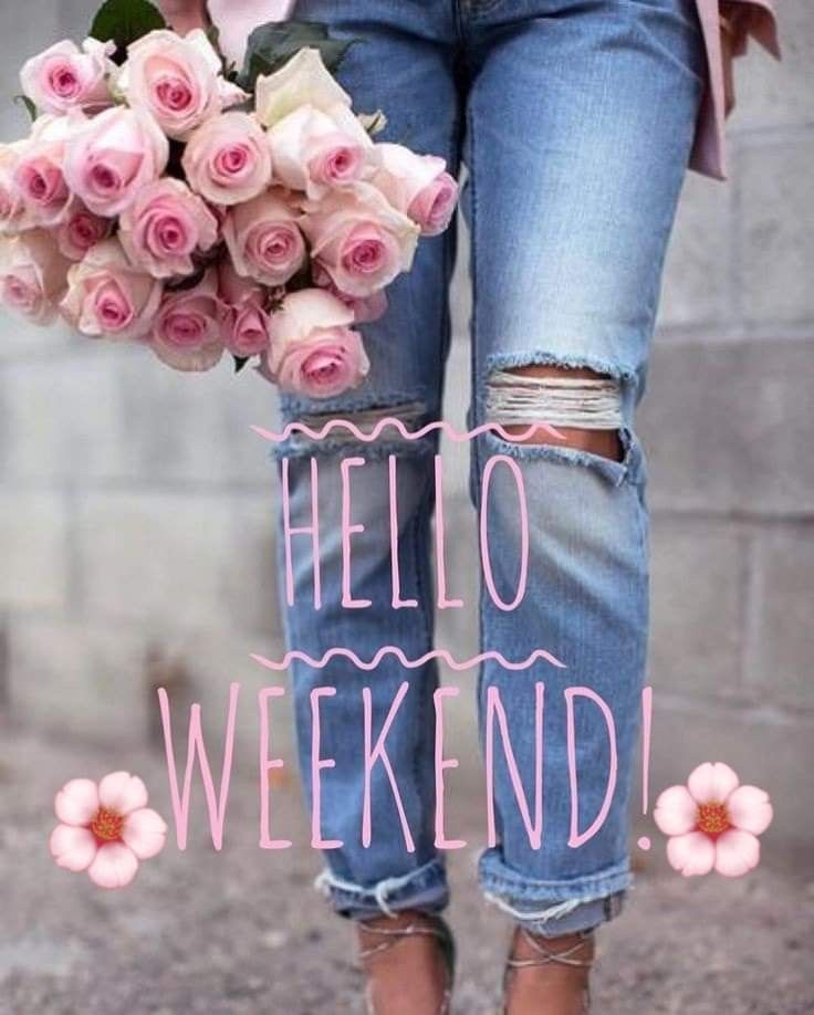 a woman holding a bouquet of pink roses with the words hello weekend written on it