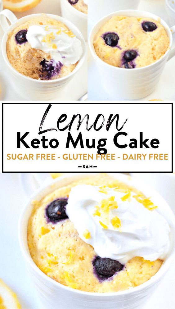 lemon keto mug cake with blueberries and whipped cream