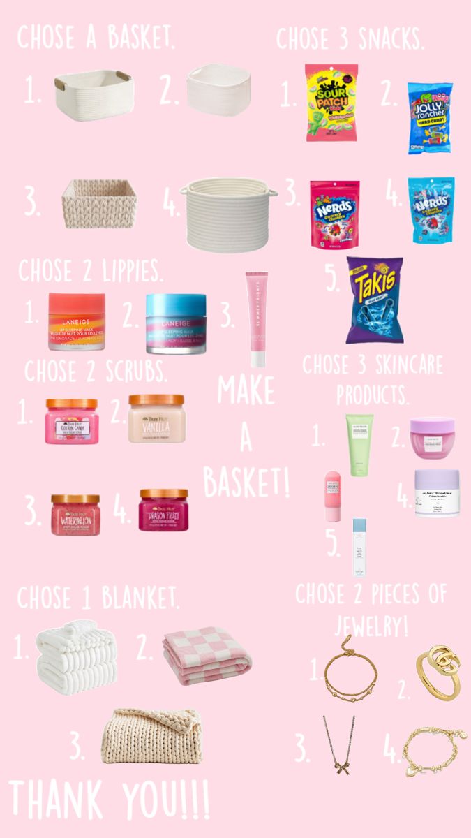 a pink poster with some items on it