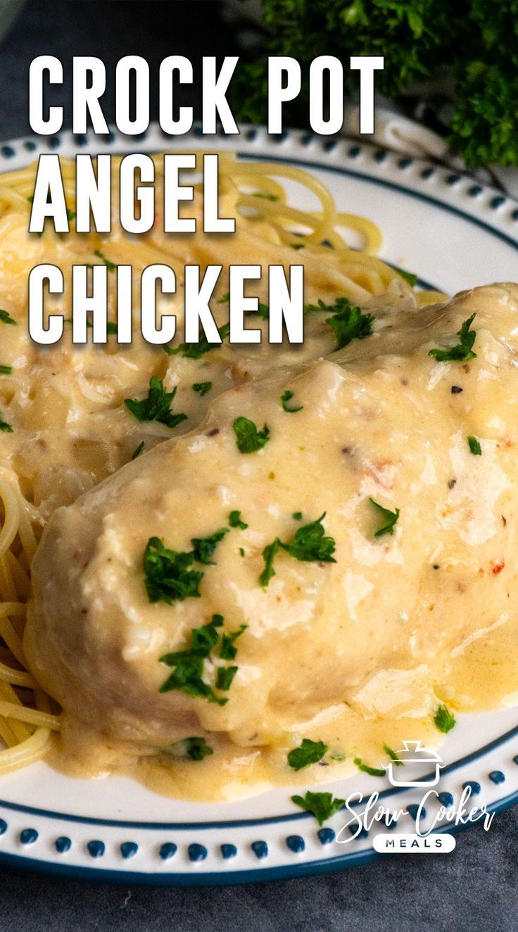 Close-up of angel chicken on a plate of pasta Crockpot Boneless Chicken Recipes, Angel Chicken Recipe, Chicken Crock Pot, Angel Chicken, Italian Chicken Crockpot, Italian Chicken Pasta, Layer Salad, Crockpot Chicken Breast, Crock Pot Food