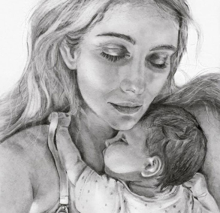 a drawing of a woman holding a baby in her lap and kissing it's cheek