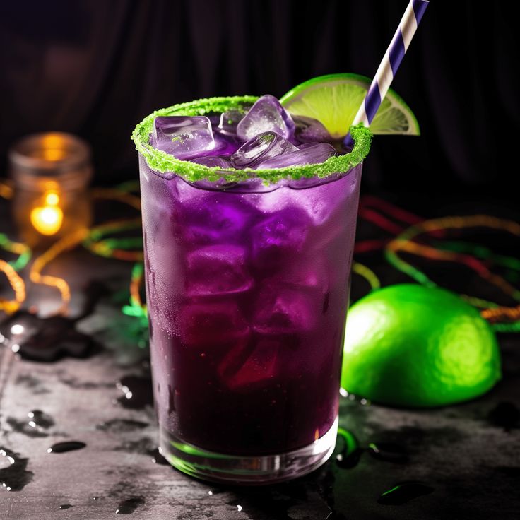 a purple drink with limes and a striped straw in front of a black background