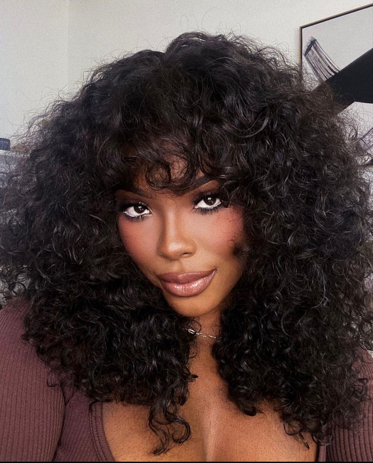 Curly Black Wig With Bangs, Long Curly Wig With Bangs, Curly Bangs Wig, Curls With Bangs Black Women, Long Curly Hair With Bangs Black Women, Curly Sew In With Bangs, Curly Bangs Black Women, Big Curly Hair With Bangs, Crochet Hairstyles With Bangs