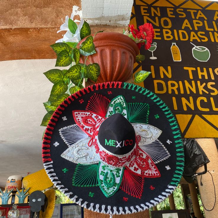 a mexican sombrero hanging from the ceiling in front of a sign for mexi