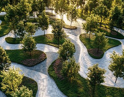 an aerial view of a park with trees and walkways in the center, surrounded by greenery