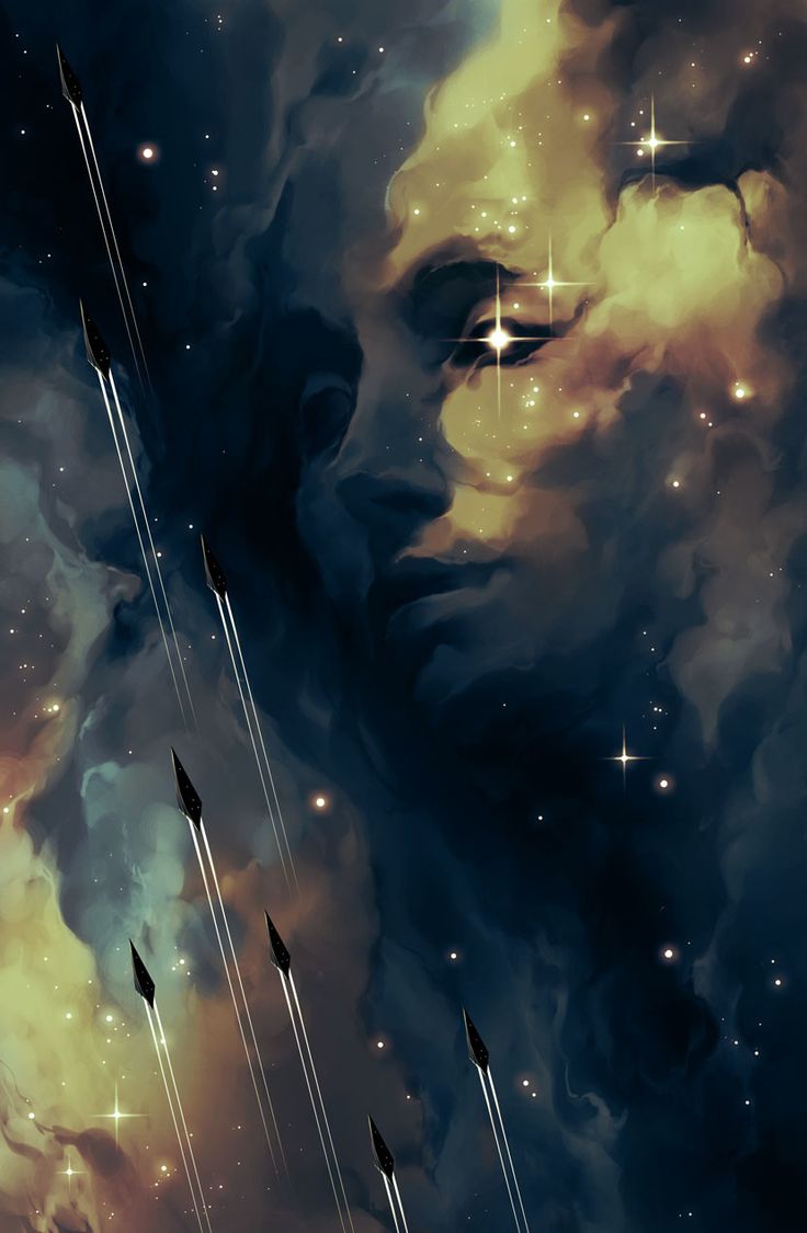 an artistic painting of the face of a man with stars in the sky behind him