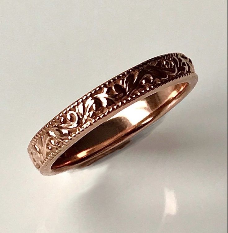 Introducing our exquisite, elegantly engraved, custom Victorian-inspired, superior quality band, crafted with precision and care to last a lifetime. Available in your choice of solid sterling silver, 10k, 14k, or 18k white, rose or yellow gold, or platinum, this stunning ring features sculpted vines and acanthus leaves with a millgrain border detail. With a width of 3.2mm and of an appropriate thickness to showcase the well-defined and intricate pattern, this ring is expertly produced to ensure Victorian Wedding Ring, Wedding Band Rings, Acanthus Leaves, Antique Wedding Rings, Yellow Gold Wedding Band, Vintage Wedding Band, Wedding Rings Unique, Antique Inspiration, White Gold Band