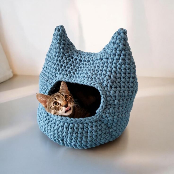 a cat in a crocheted blue kitty bed