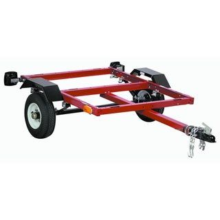 a red trailer with two wheels on it