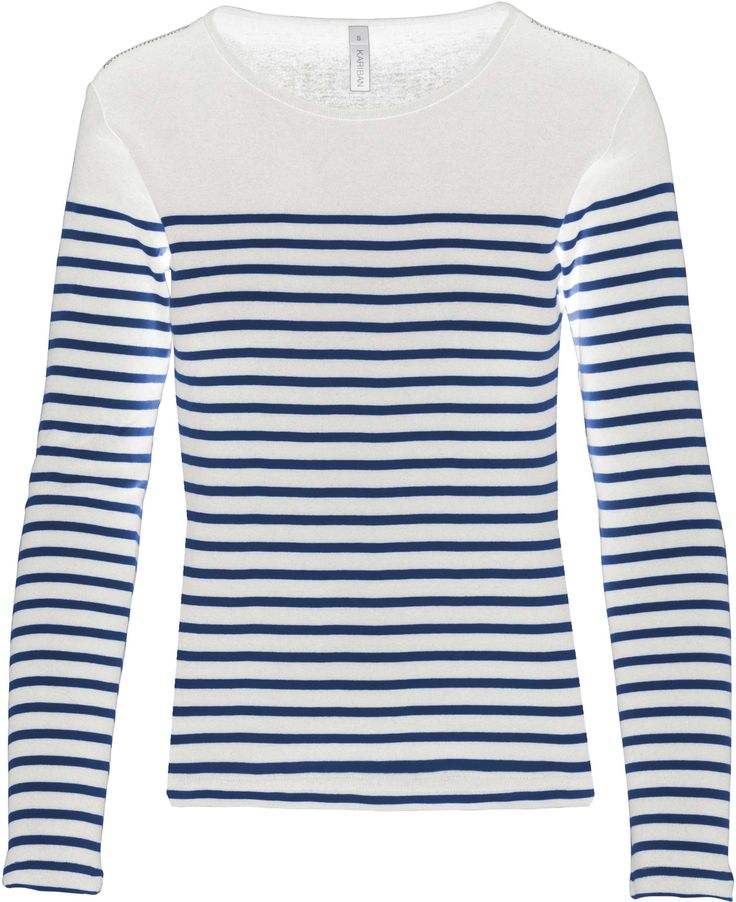 100% cotton 1x1. Round neckline. Details on the shoulder. Side openings. Weight 220 Dimension Maritime Style, Sailor Shirt, Sailor Fashion, Marinara, Shirts For Women, Vacation Outfits, Navy Stripes, Navy And White, Women Long Sleeve