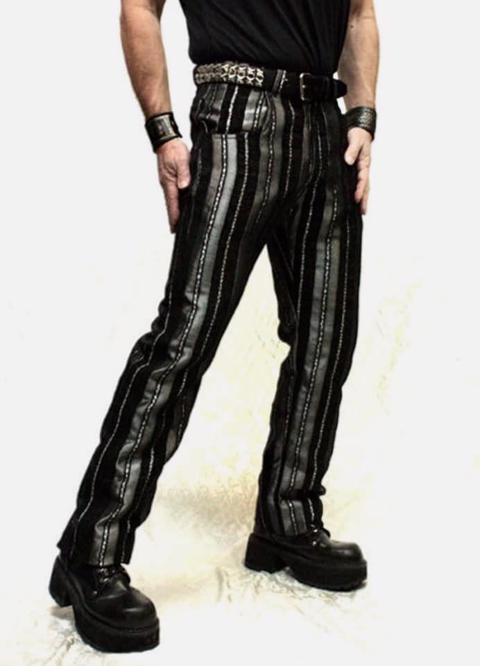 "Awesome bohemian striped rocker pants with a classic straight leg cut for special occasions or every day. Made in rich soft silver and black striped tapestry fabric with a medium rise waist and wide belt loops. Two front pockets and two back pockets with a zip fly. Black satin pocket lining inside. Comes in sizes 30, 32, 34, 36, 38, 40. These run long.. the inseam measures 35+\". Have them hemmed by your local tailor if necessary. Sweet! Actual measurements: Size 30 = Waist 31.5\" Inseam Length Fitted Pinstripe Pants With Tapered Leg, Fitted Pinstripe Tapered Leg Pants, Black Fitted Jeans With Standard Cut Leg, Fitted Black Jeans With Standard Cut Leg, Black Fitted Cotton Dress Pants, Fitted Straight Leg Leather Pants, Black Fitted Straight Pants, Fitted Black Work Pants, Black Fitted Work Trousers