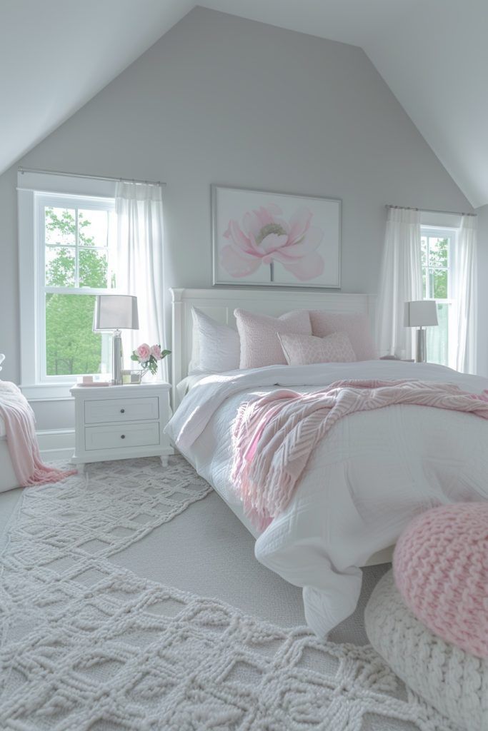 a bedroom with white walls and pink accents