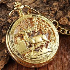 A gorgeous Pocket Watch for you to have! This pocket watch features a deer or stag at its from closure. In some Pagan and Wiccan traditions, the deer is highly symbolic and takes on many aspects of God during the harvest season. For many Pagans, the antlers of the stag are associated directly with the fertility of God. The Horned God, in his many incarnations, often appears wearing a headdress of antlers. In some depictions, the horns grow directly from his head. Early Paleolithic cave art shows Retro Necklace, Antique Pocket Watch, Mechanical Pocket Watch, Antique Watch, Deer Pattern, Fob Watch, Skeleton Hands, Hollow Design, Pocket Watches