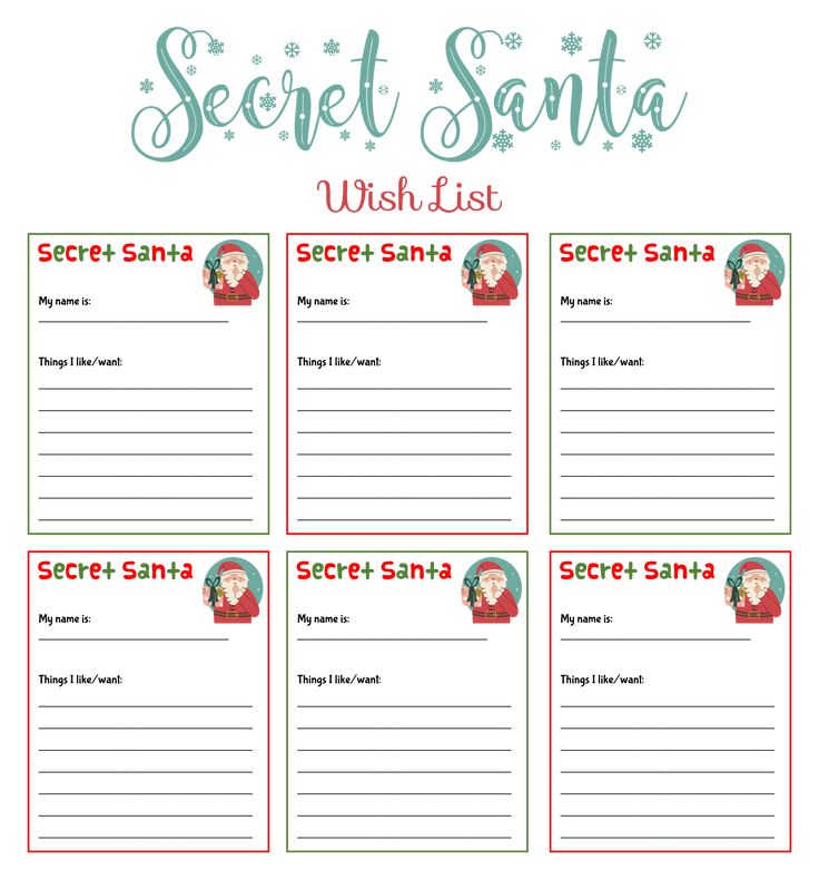 the secret santa wish list is shown in red and green with snowflakes on it