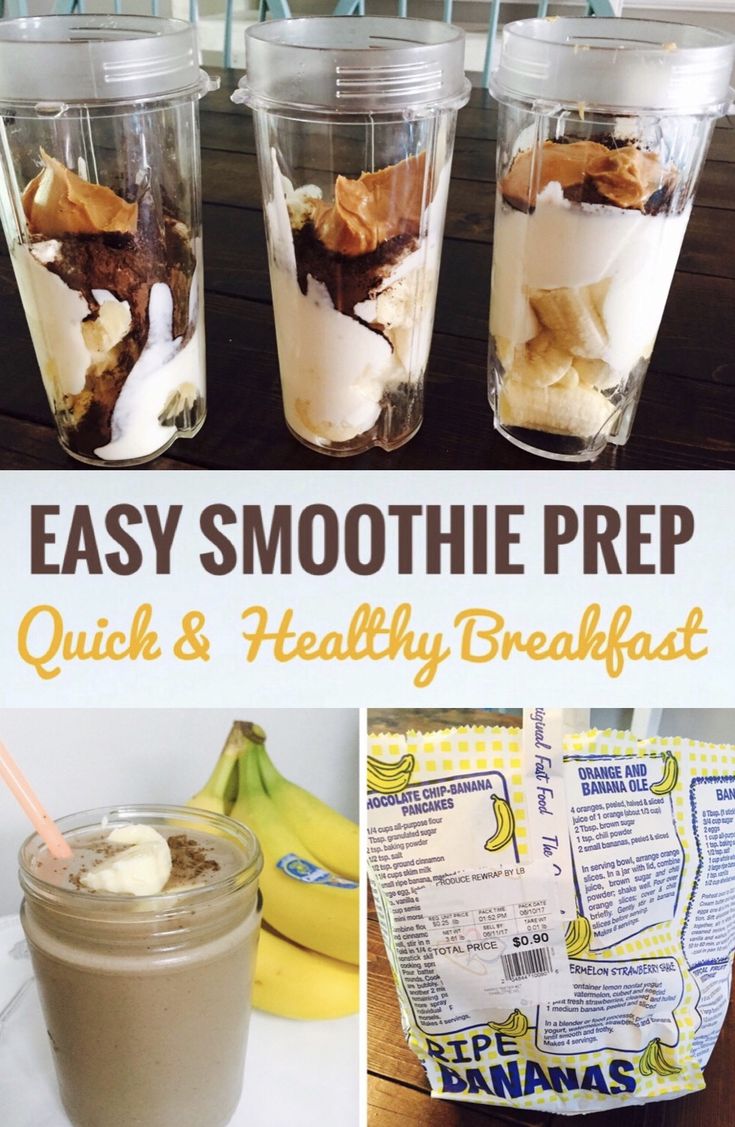 four cups filled with different types of food and the words easy smoothie prep quick & healthy breakfast