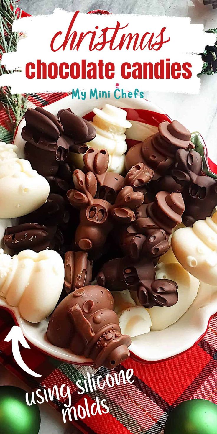 christmas chocolate candies in a white bowl on a table