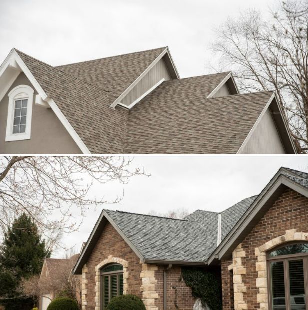 before and after photos of a roof that has been gutted with shingles on it