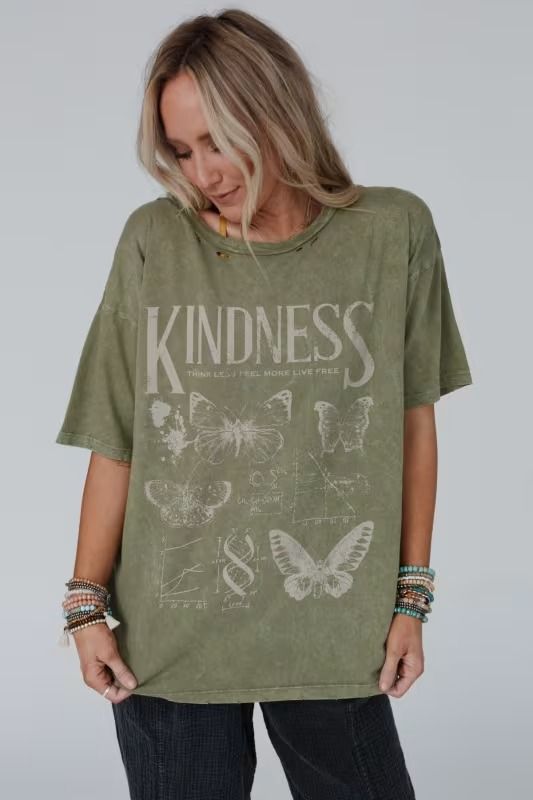 Fluttering Kindness Graphic Tee - Green | Three Bird Nest Kindness Graphic, Boho Bottoms, Boho Essentials, Oversized Tee Shirt, Shirt Silhouette, Bralette Outfit, Padded Bralette, Boho Aesthetic, Boho Shirts