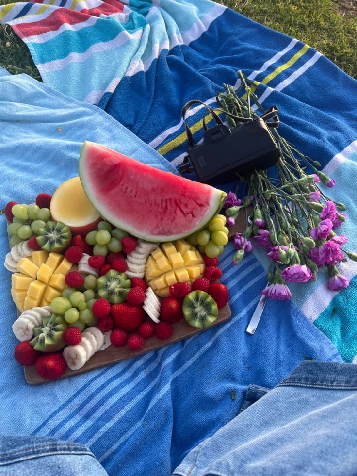 a watermelon, grapes, pineapple, kiwi and strawberries on a picnic blanket