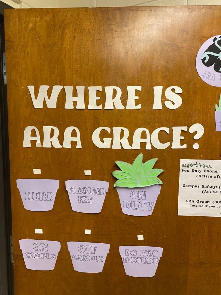 a bulletin board that says where is ara grace? with potted plants on it