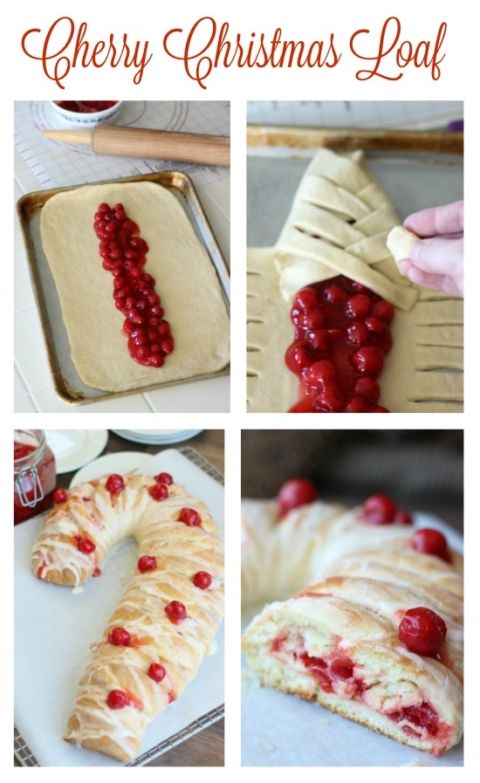 four pictures showing different ways to make christmas loafs with cranberries and cream cheese