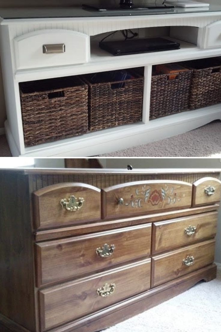 In the mood for a DIY project? Learn how to transform a thrift store find, or garage sale bargain into something useful, practical and creative. Find out how to DIY this old dresser into a modern tv stand. If you love furniture makeovers check out these 10 budget friendly furniture repurposes and furniture DIY ideas for your home.

#furniturediy #diyprojects #diyideas #furniturerepurpose #upcycling Dresser Into Tv Stand Diy, Dresser Turned Tv Stand, Dresser Makeover To Tv Stand, Repurposed Long Dresser, Repurposed Dresser Tv Stand, Dresser To Tv Stand Diy, Upcycled Tv Stand, Old Dressers Repurposed, Dresser Into Tv Stand