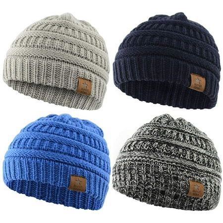 four different colored knitted hats with leather tags on each one's ear and the other