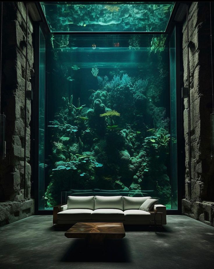 a living room filled with lots of green plants next to a large fish tank on the wall