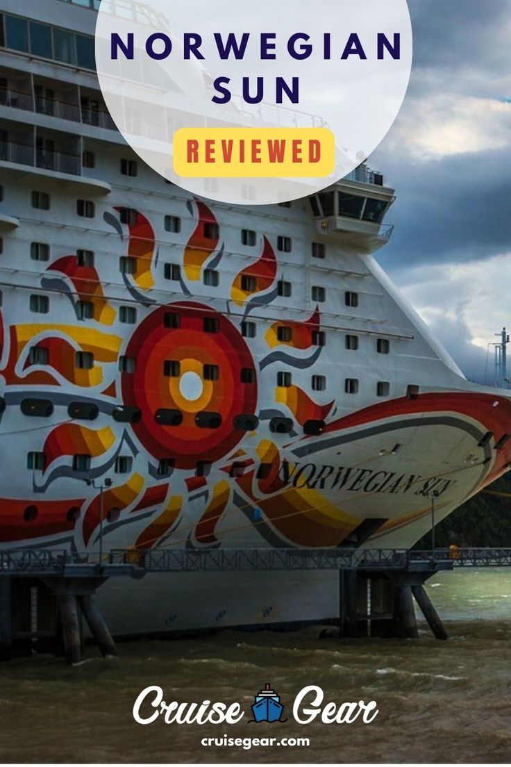 a cruise ship with the words norwegian sun on it and an image of a boat in the background