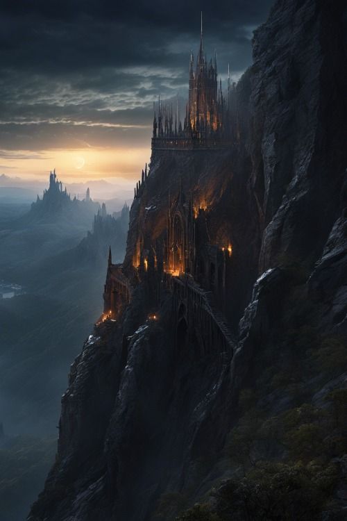 a castle on top of a mountain in the middle of the night with lights shining from its windows