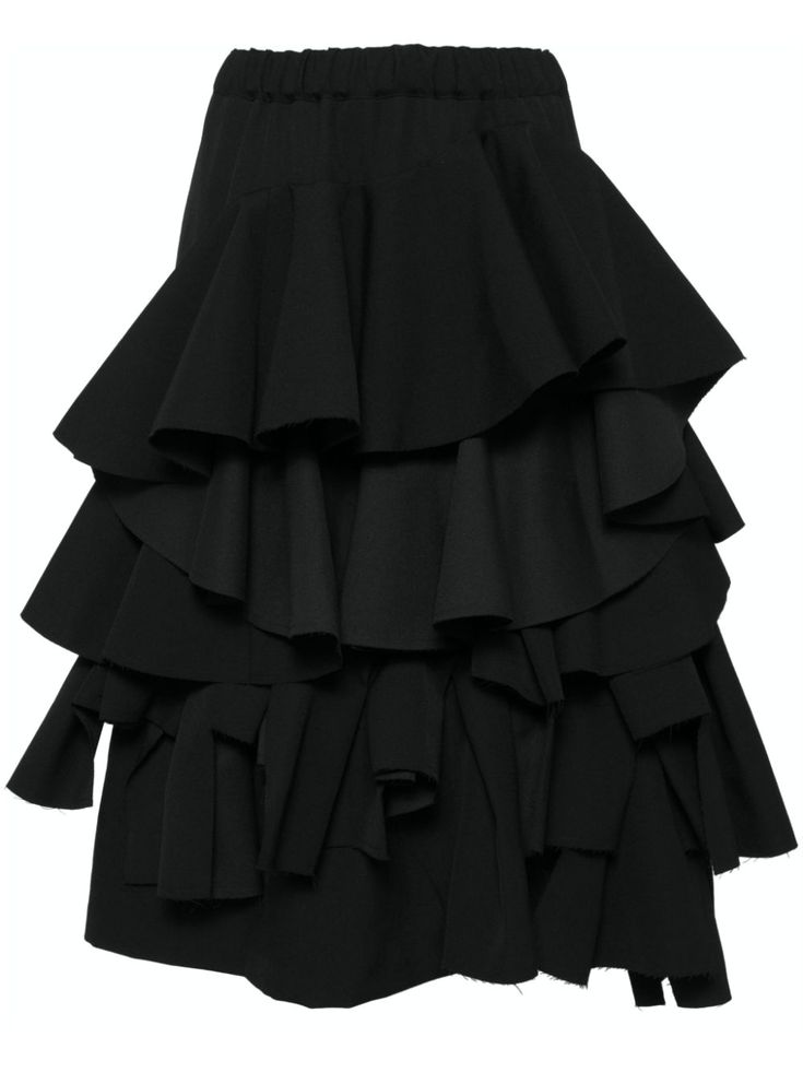 black wool elasticated waistband ruffled detailing mid-rise tiered skirt Midi Skirt Black, Skirt Wool, Tiered Midi Skirt, Yoko London, Black Midi Skirt, Exclusive Fashion, Tier Skirt, Tiered Skirt, Skirt Black