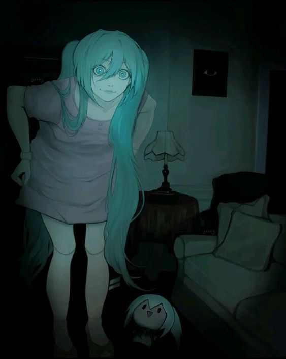 a woman with long blue hair standing in a dark room next to a couch and lamp